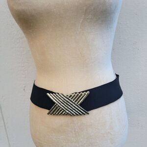 Vintage wide black elastic belt with gold large buckle  clasp wmns size M/L